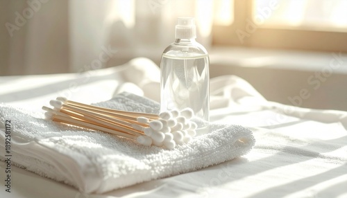 Natural skincare routine with wooden cotton swabs and toner in soft morning sunlight