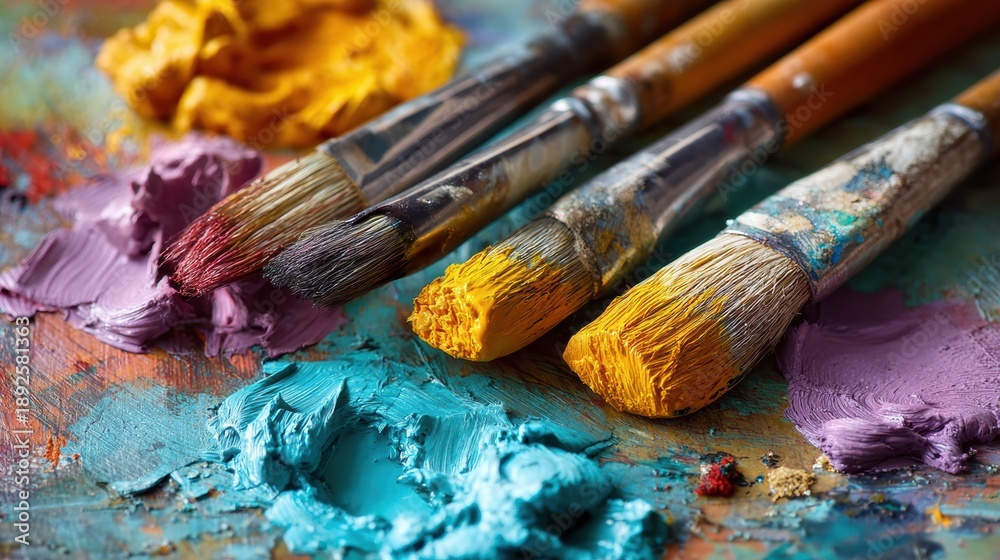 Obraz premium Colorful paint and brushes ready for artistic creation on a vibrant palette, inspiring creativity and imagination.