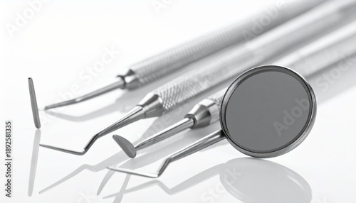 Sterile metal dentist instruments with a mouth mirror on a white reflective background