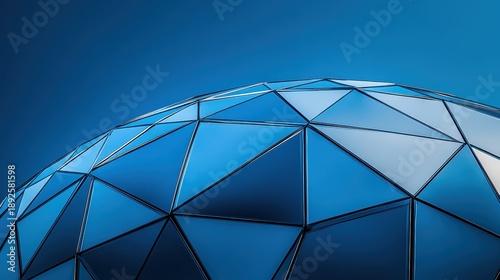 A Gleaming Geodesic Dome Structure Made Of Polished Steel Panels And Geometric Triangles With A Deep Blue Background