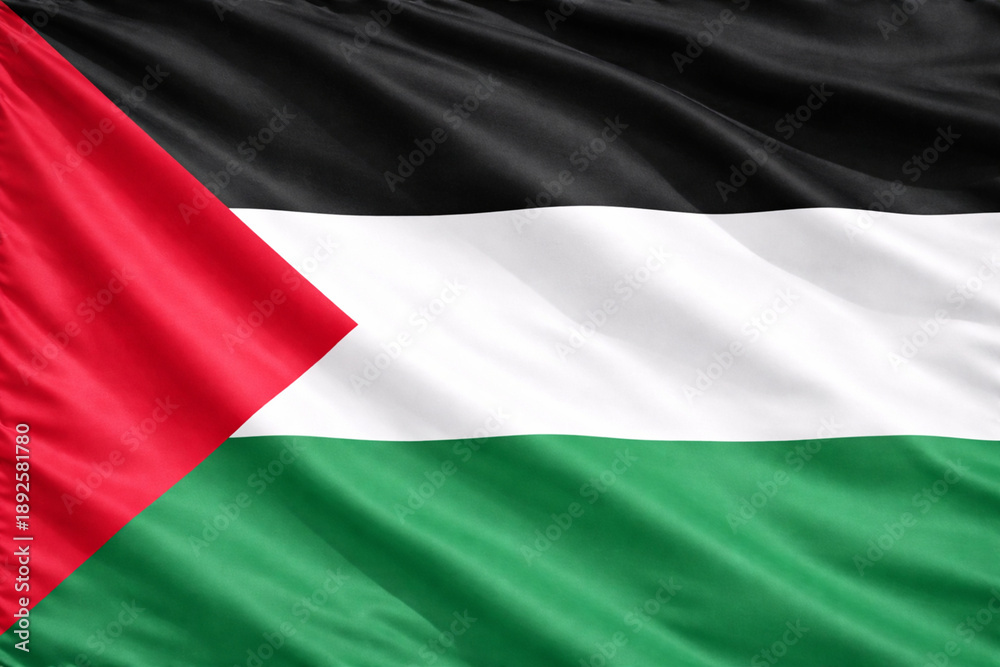 Fototapeta premium Waving Palestine Flag in Horizontal Format with Red Triangle and Tricolor Stripes, High Resolution