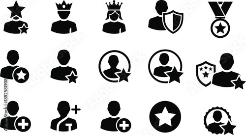 Collection of black user profile with stars medals shields and crowns person avatar