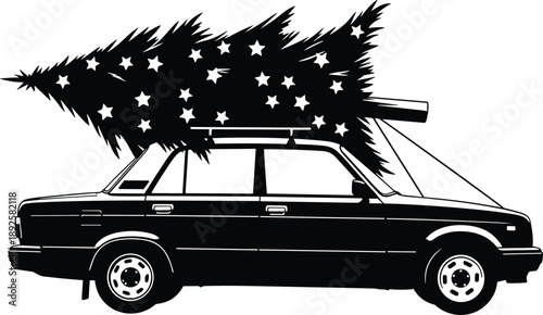 Black silhouette of a vintage car carrying a Christmas tree decorated with white stars on its roof rack
