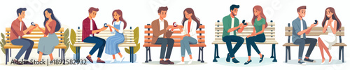 vector of man and woman sitting on a park bench proposing with a ring