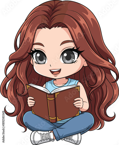 Adorable cartoon girl sitting and reading book, cute child character, education theme, and kawaii illustration design