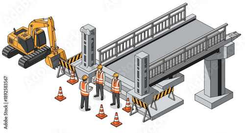 Isometric illustration of construction workers with an excavator and road blockages on a bridge