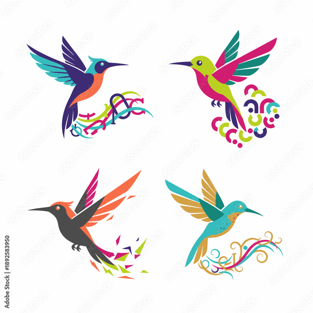 Obraz premium Colorful Hummingbirds Flying with Abstract Swirls and Geometric Patterns
