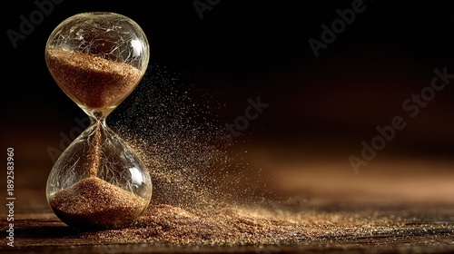 Abstract still life on existentialism and life philosophy. Hourglass cracks symbolize fate, sand flow metaphors time, creating pensive art mood
