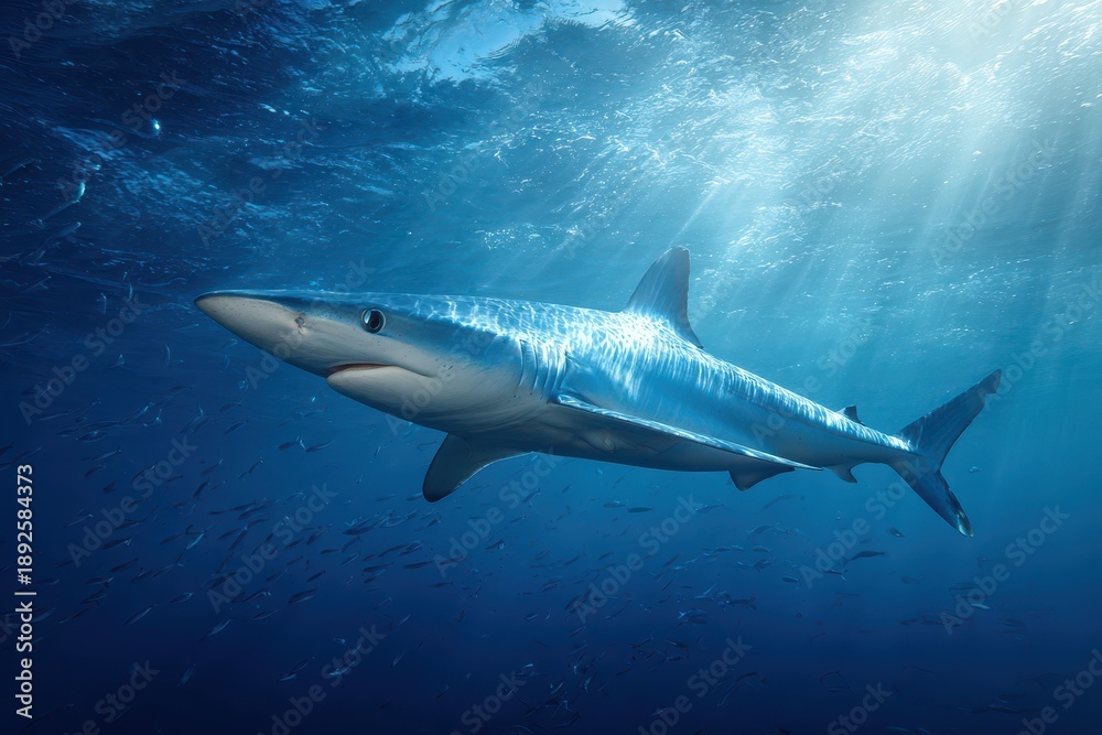 Obraz premium Underwater photograph of a blue shark gliding through clear Atlantic waters