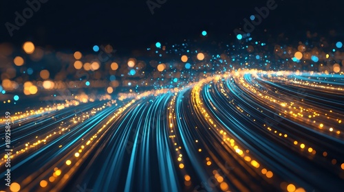 An interconnected network of glowing pulsating energy streams in abstract digital motion with bright blue and orange lights creating a futuristic technological background