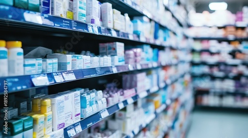 A well stocked pharmacy aisle displays a vast array of health and medical supplies on illuminated shelves for consumer purchase