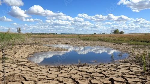 Cracked dry riverbed reflecting a stark unforgiving sky with scattered clouds under bright daylight