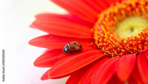 Close-up of a ladybug on a vibrant red gerbera daisy, soft focus background