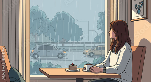 Woman sitting alone at a table by the window in a cafe.