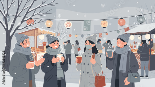 People enjoying hot beverages at a winter street festival.