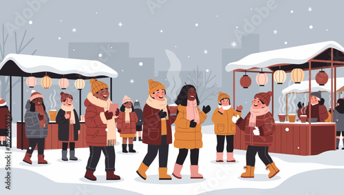 People walking and shopping at a winter Christmas market.