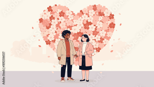 Couple Standing Together with Heart Shaped Love Elements.