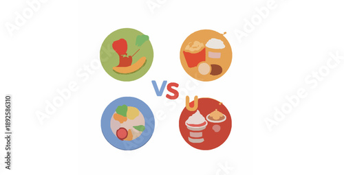 Cartoon 3D healthy and unhealthy food decision illustration
