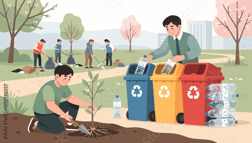 Community members engaging in eco-friendly activities and recycling.