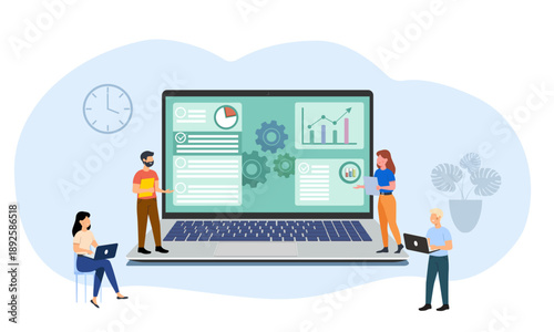 Team working on a project against a laptop background