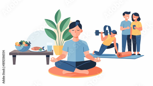 People practicing yoga and exercising together at home with healthy food.