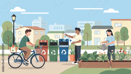 People engaging in eco-friendly activities in a park.