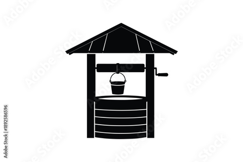 Black silhouette of water well with bucket and crank on white background for water source