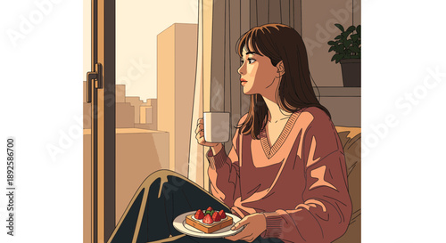 Woman enjoying breakfast alone by the window with city view.