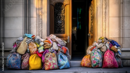 Bags of personal items and donations collected on the steps of an ornate building entrance