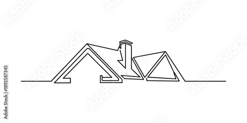 Continuous line drawing of a simple house roof with a chimney, isolated on a white background