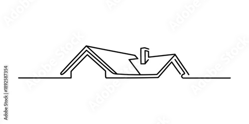Minimalist single line art drawing of a house roof structure with a chimney on a white background