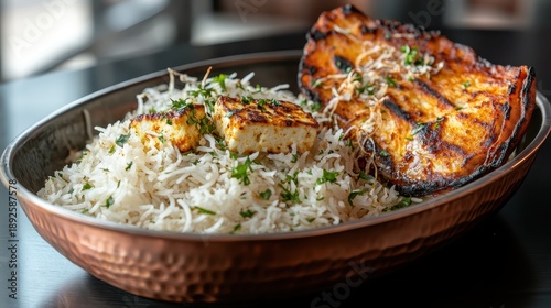 Close up of Indian paneer tikka and rice served on a copper plate