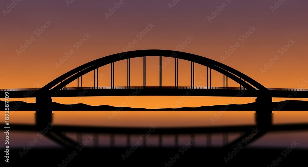 Obraz premium Silhouette of a large arch bridge over water at sunset