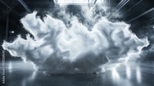 Abstract formation of white frayed industrial packing materials resembling a wispy cloud with steam