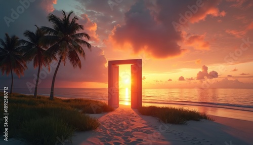 Open door on tropical beach leads to bright sunset over calm ocean waves. Palm trees stand on sandy shore with grass. Warm light fills scene.