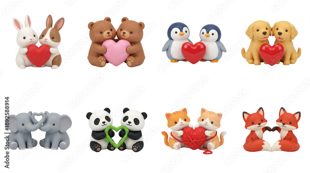 Fototapeta premium Cute animal couple figurines set including rabbits, bears, penguins, puppies, elephants, pandas, cats, and foxes holding hearts isolated. Romantic 3d character collection for valentines day.
