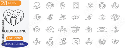 
Volunteering Line Icons. Features icons of charity, donation, care, and support. Perfect for NGO websites, fundraising apps, and social projects.