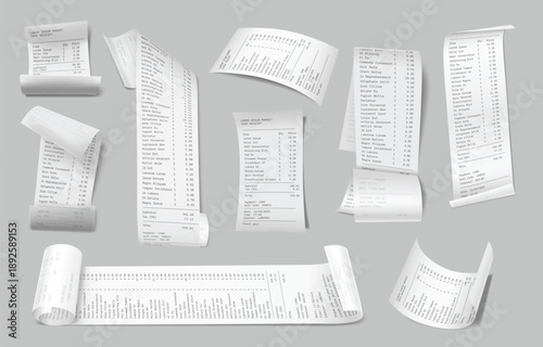 Paper receipt 3d realistic mockup. Bill and invoice check shop. Receipt white rolls, register sale printed receipt. Vector isolated set