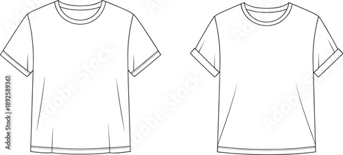 Flat Vector Line Art Template of Women's Basic T-Shirts with Standard and Rolled SleevesFlat Vector Line Art Template of Women's Basic T-Shirts with Standard and Rolled Sleeves