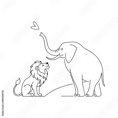 Minimal line art illustration of wild animals including tiger, elephant, deer and birds in a natural forest composition, clean single-line style, black and white, World Wildlife Day theme.