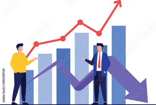 Business analytics concept with bar chart and rising arrow showing financial growth and market performance discussion.