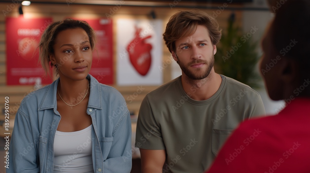 Fototapeta premium A couple sits together with a nurse measuring blood pressure, focusing on health management discussions while educational posters about cardiovascular health are displayed in the background of a