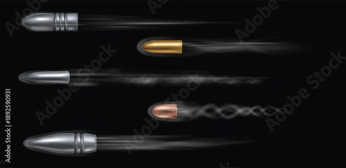 Realistic 3d bullet flying with gun shot and pistol fire effect. Ammo, military ammunition with motion smoke and trace. Blast explosion with flame flash. Vector isolated set