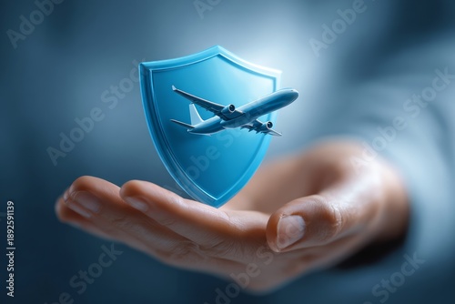 Hand holding a blue shield symbol with an airplane icon, representing aviation safety and security in a digital context, blurred background for emphasis