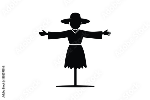 Black silhouette of a scarecrow icon, halloween symbol in cartoon style. isolated on a white background