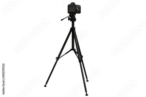 Foto A black digital camera mounted on a sturdy black tripod, positioned for stable p