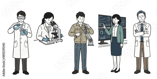 科学技術の研究開発や実験を行う専門職のイラストセット