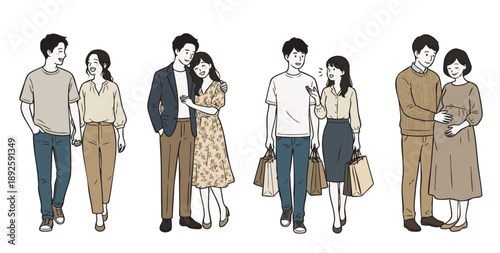 若い夫婦の日常とライフイベントのイラストセット