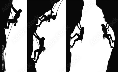 Rock climbers silhouettes scaling steep cliffs with ropes and harnesses in an extreme outdoor adventure sport scene showing strength, technique, balance, and endurance