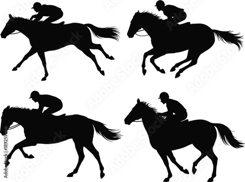 Horse racing silhouettes of jockeys riding fast galloping horses in competitive sport action showcasing speed, motion, power, equestrian performance and athletic racing intensity